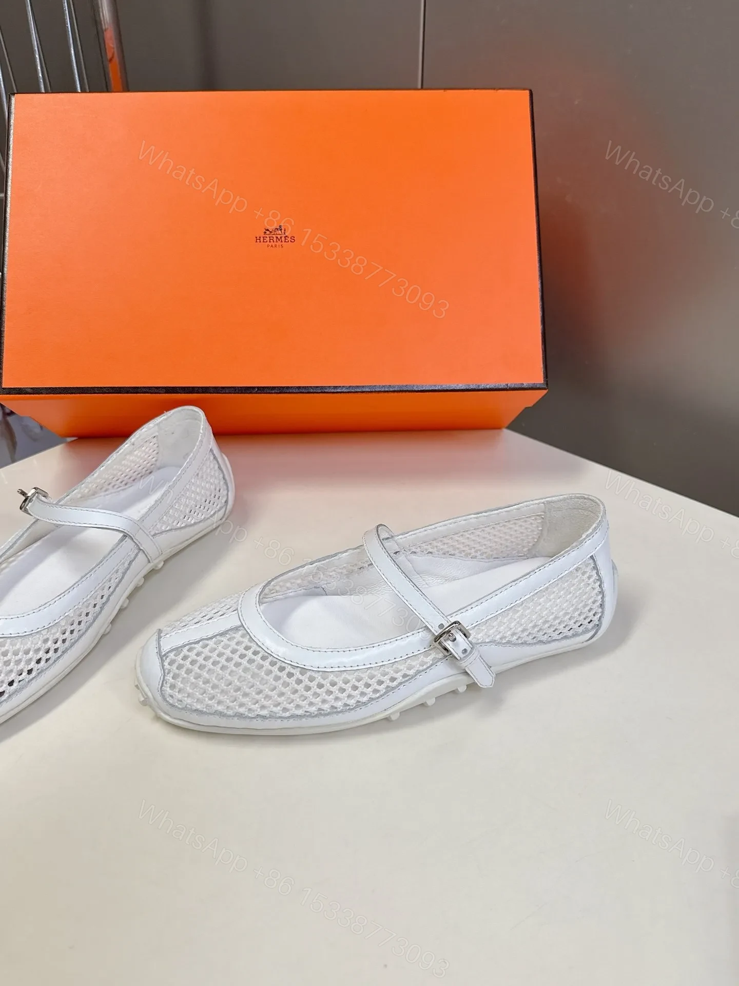 View 4 of Hermes Women White Mesh Leather Mary Jane Flats