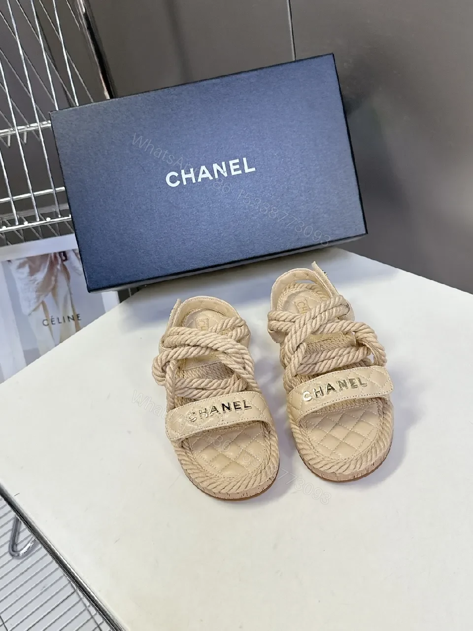 Quilted Footbed Sandals with Knit Straps, Neutral Tone — view 1