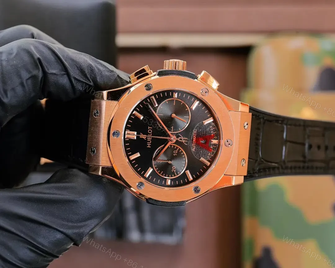 View 4 of Super Clone Hublot Classic Fusion Black Dial Rose Gold Leather Strap Premium 45MM HUBLOT-CF-RG-BLK45