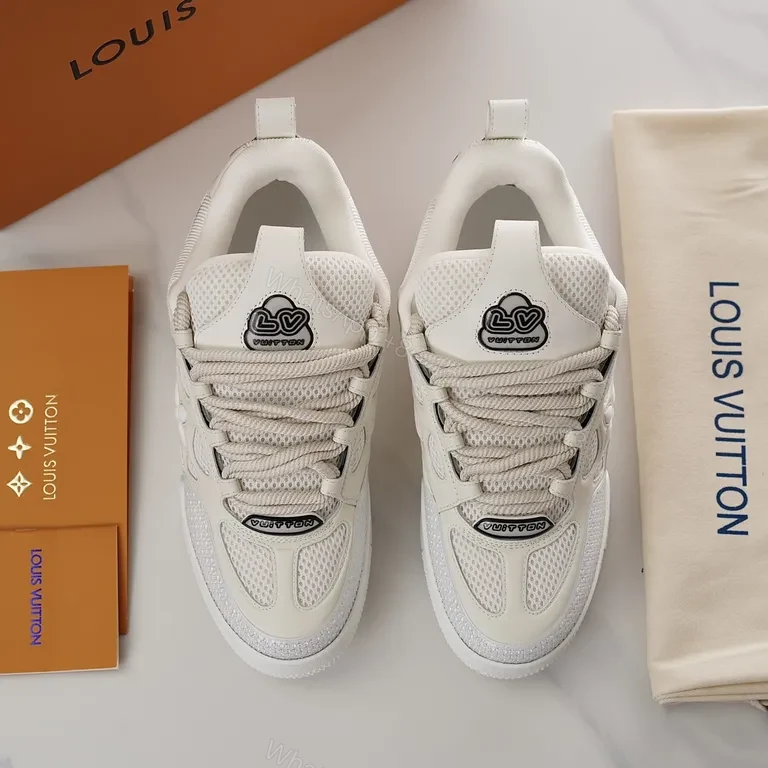 View 3 of White Leather & Mesh Luxury Sneaker: Subtle LV Star Accent