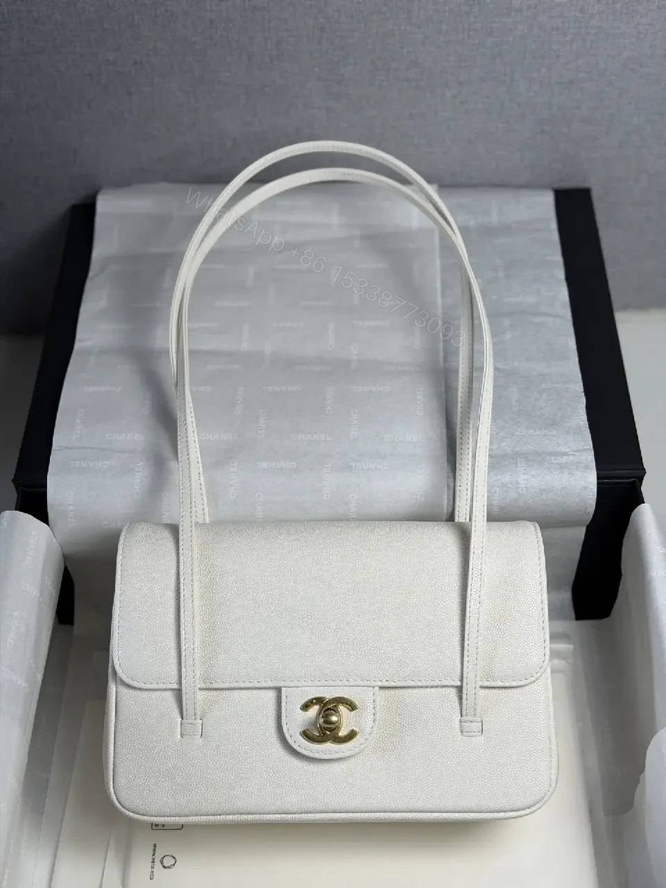 View 8 of Minimalist White Pebble Leather Shoulder Bag with Gold Hardware