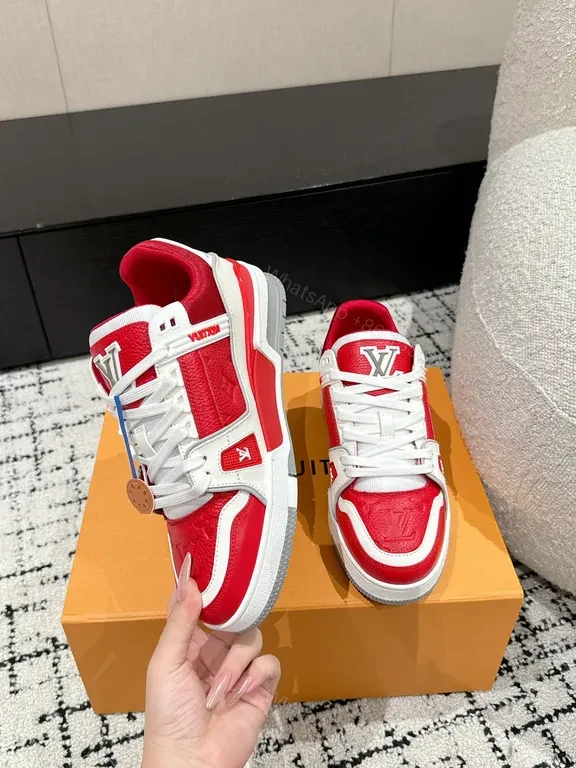 View 9 of Bold Red-White Luxe High-Top Sneaker with LV-Inspired Details