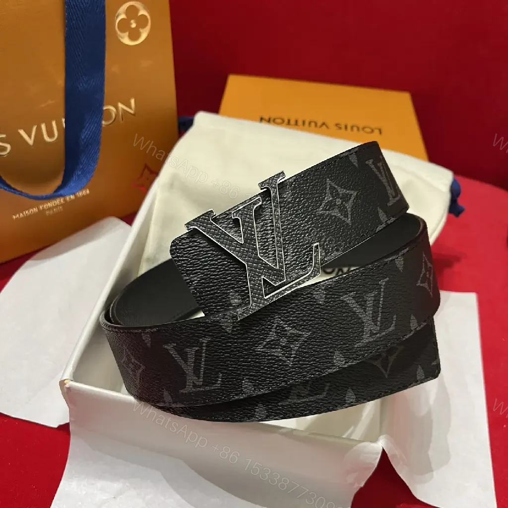 View 4 of Black Monogram Belt with Metallic LV Buckle, Modern Designer Style