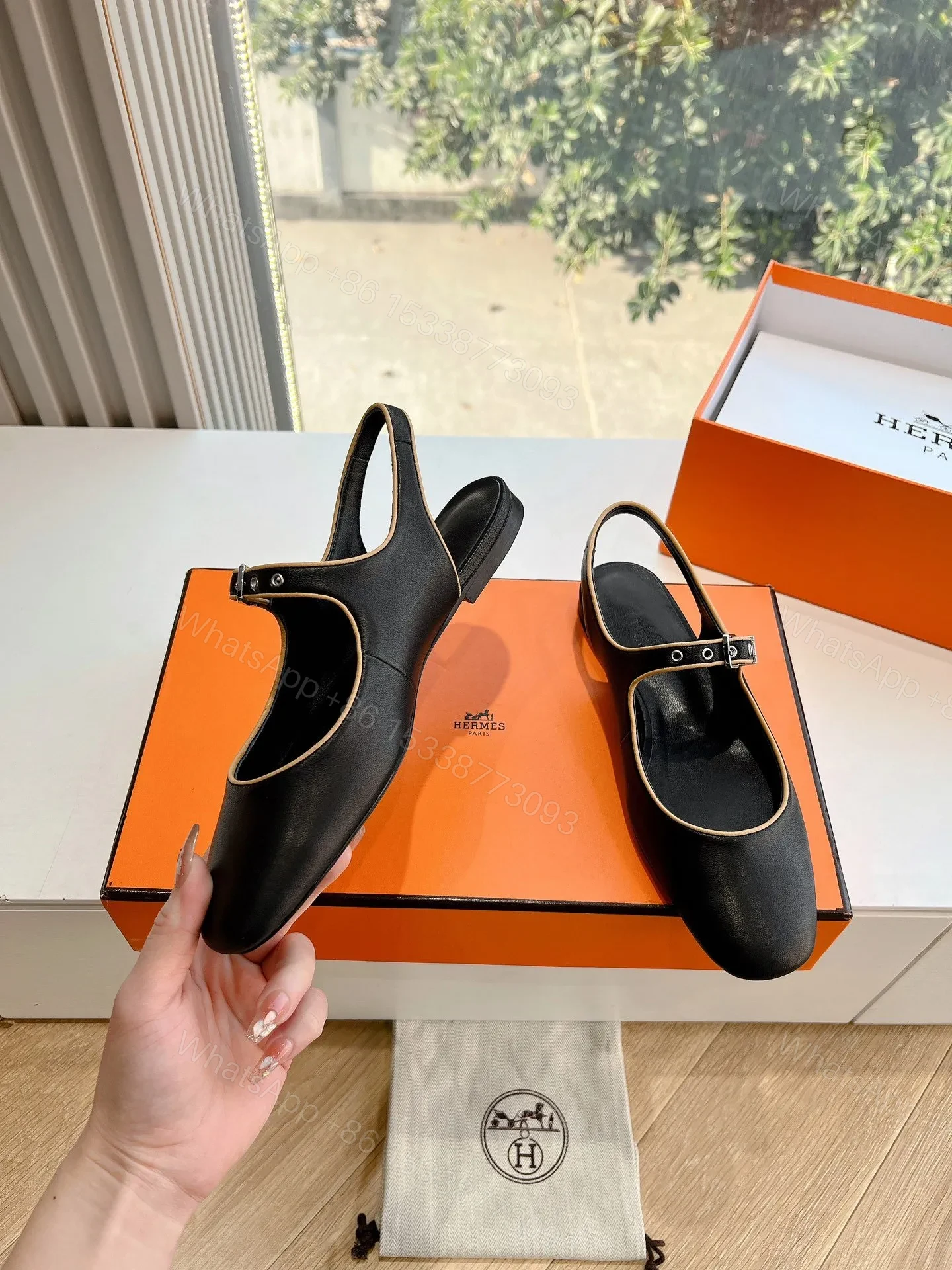 View 6 of Hermes Women Black Leather Slingback Mules