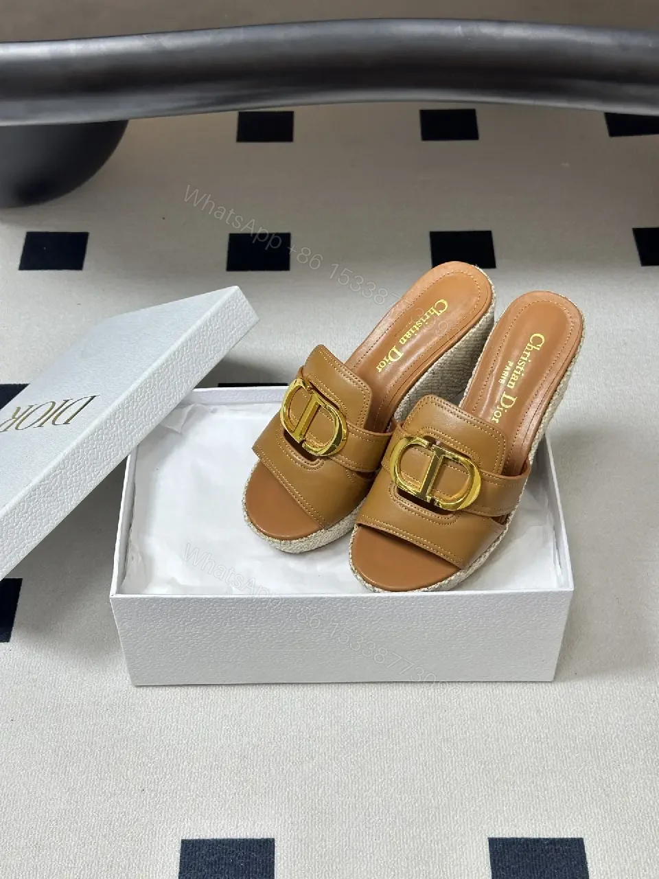 View 5 of Beige Leather Espadrille Wedge Sandals with Gold Buckle, Christian Dior Style