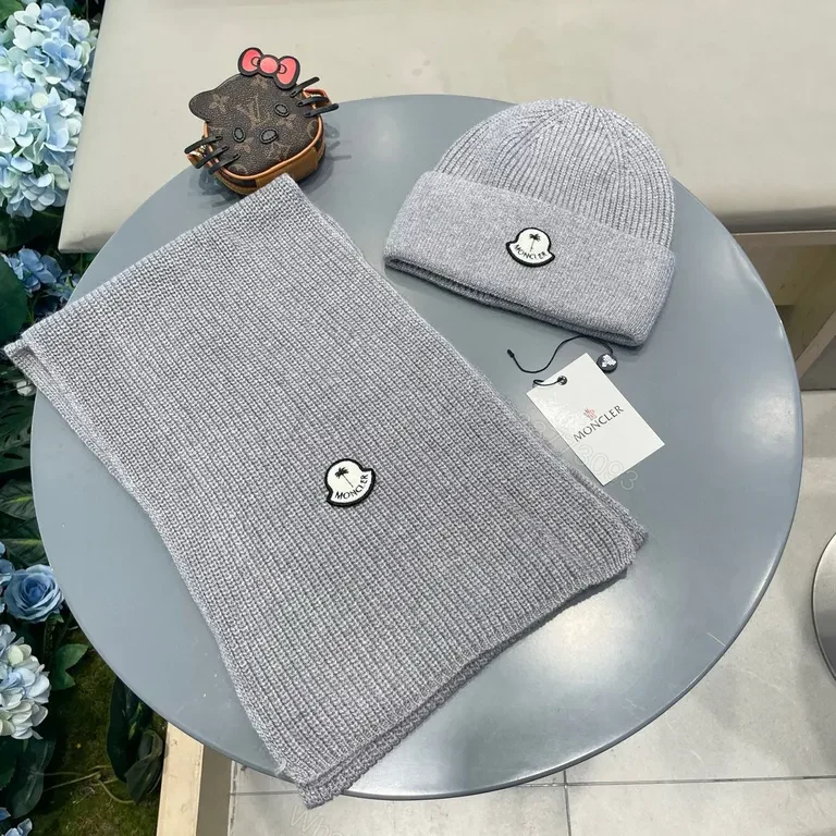 View 6 of Cozy Knit Beanie & Scarf Set â€” Moncler Luxe, Gray, Premium Knit