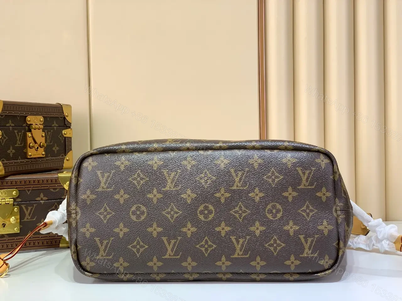 View 5 of Dark Brown Canvas Tote with Monogram Pattern and Leather Trim