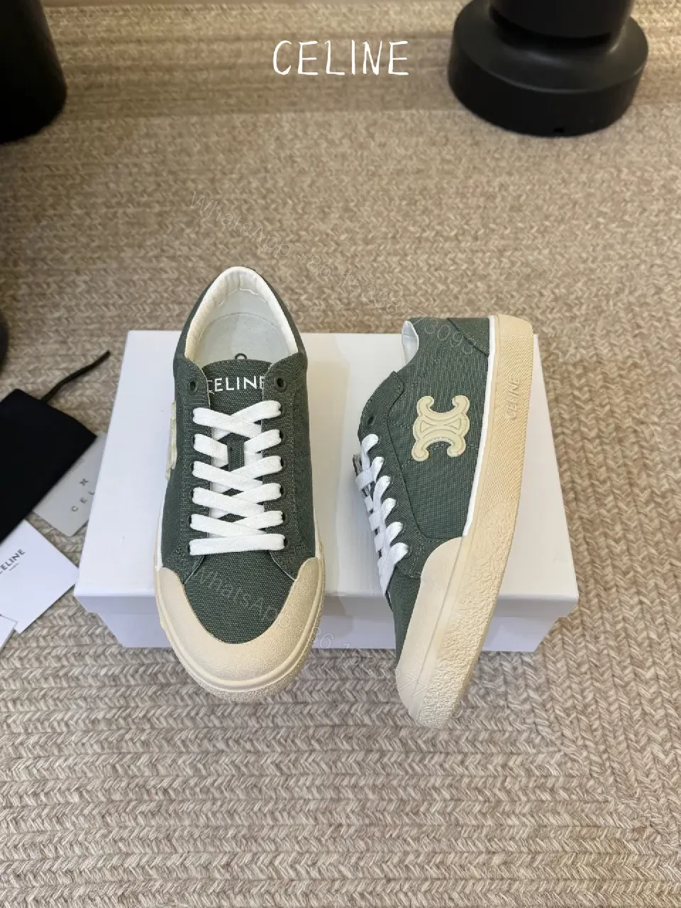 View 2 of Olive Green Canvas Sneakers White Rubber Sole Celine Style Comfort Fit Product Type: Sneakers