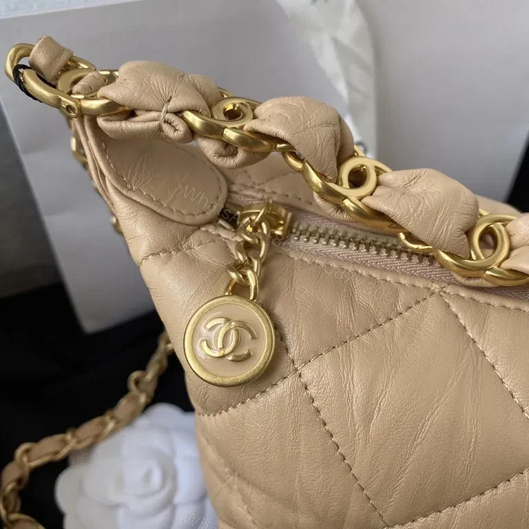 View 3 of Soft Beige Quilted Convertible Bag with Gold Chain, Leather, Chic Luxury Bag
