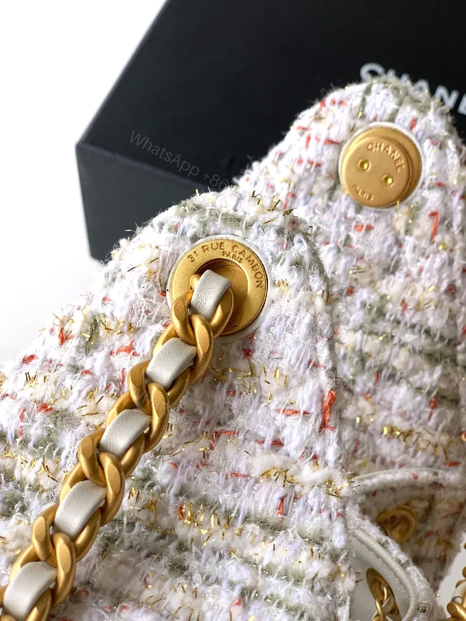 View 7 of Chanel-Inspired Tweed Handbag with Gold Hardware
