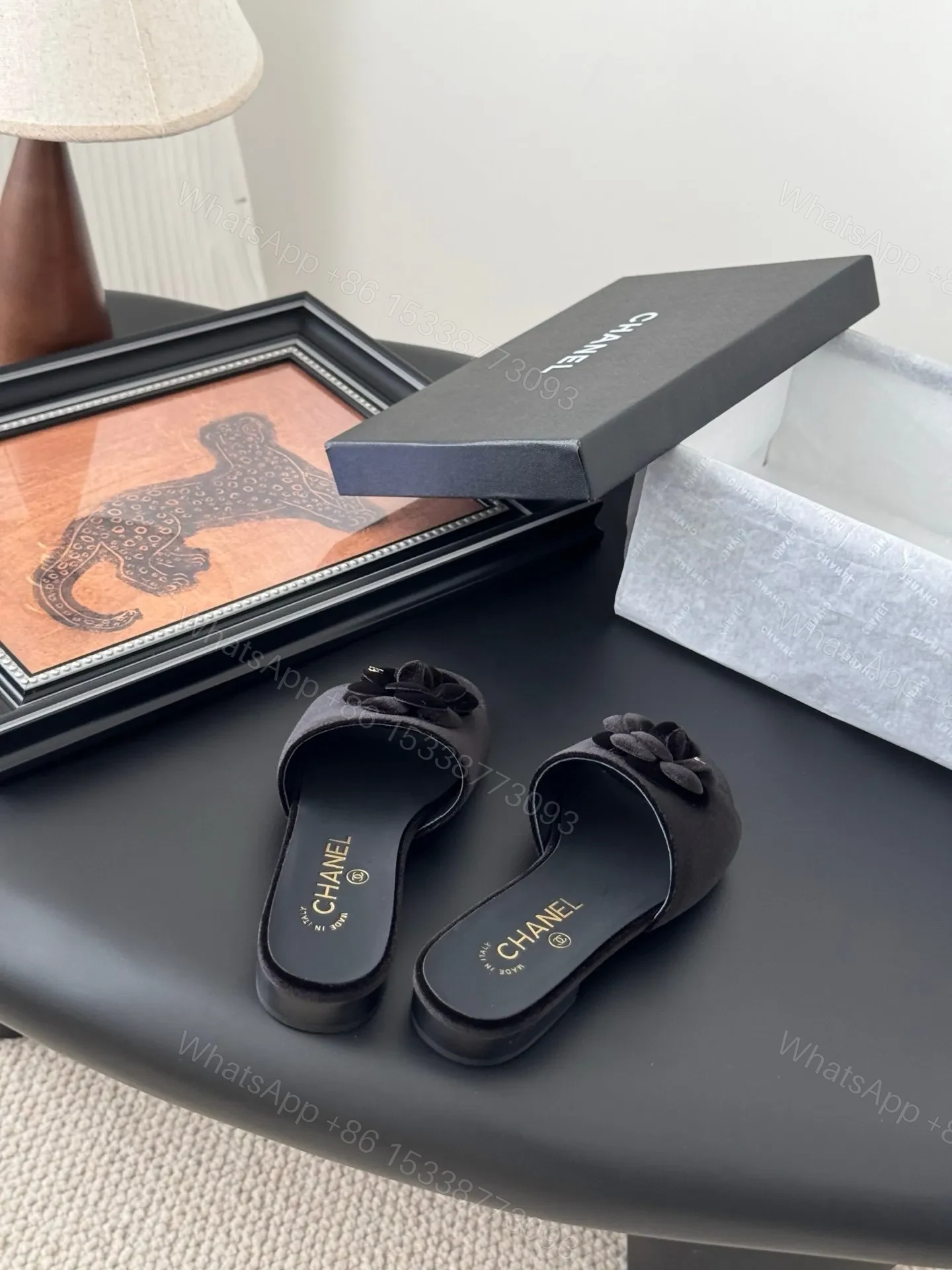 View 5 of Chanel Women Black Velvet Flower Embellished Slides