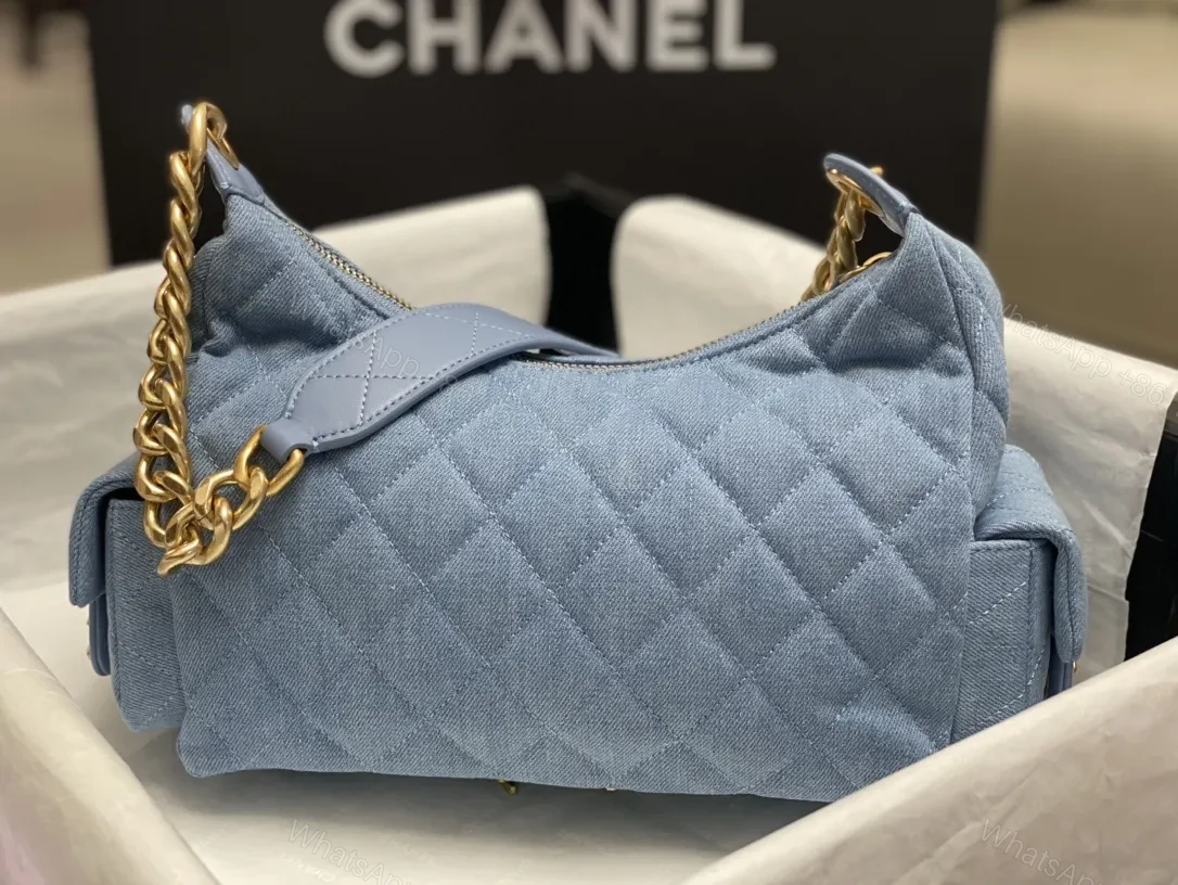 View 4 of Denim Quilted Mini Bag with Gold Chain Handle