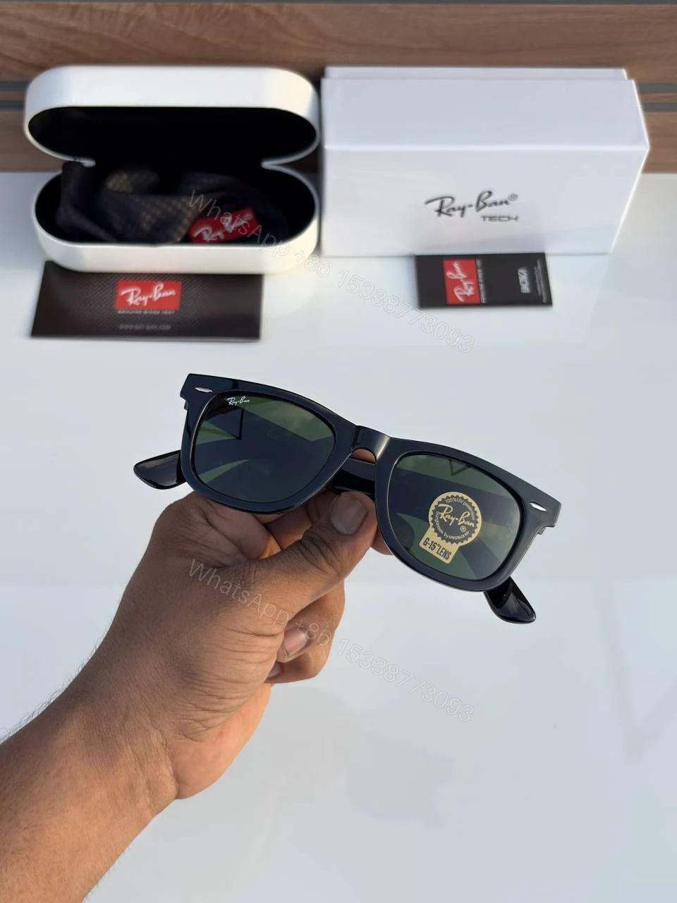 View 4 of First Copy Ray Ban 2140 Wayfarer Black Green Men’s Sunglasses Glass Quality