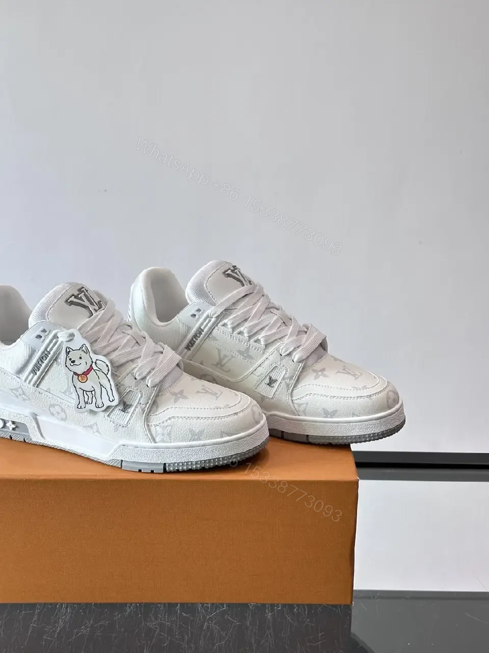 View 2 of White Leather High-Top Sneakers: Luxe Comfort, Monogram Pattern