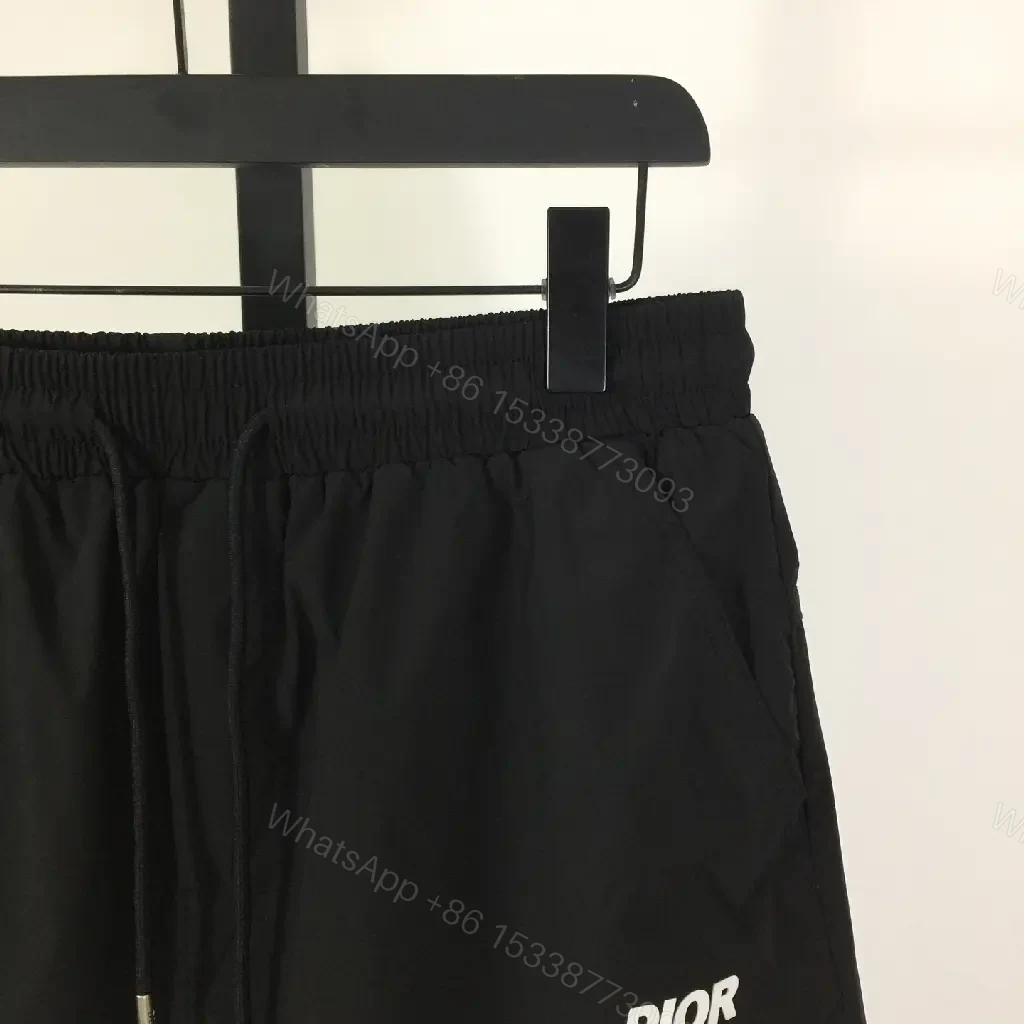 View 4 of Black Satin Drawstring Shorts Dior Logo Contrast Hem
