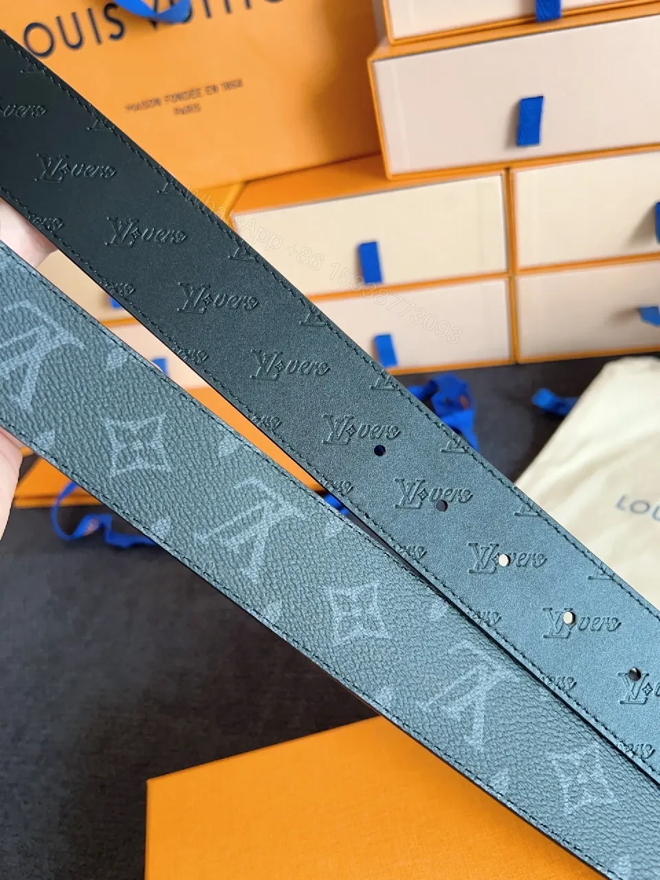 View 7 of Navy Leather Belt + Oversized Gold Buckle + Modern Luxury + Everyday Versatility Belt