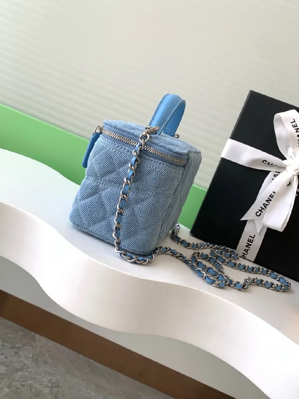 View 3 of Denim Mini Bag: Quilted Charm, Silver Hardware, Chain Strap