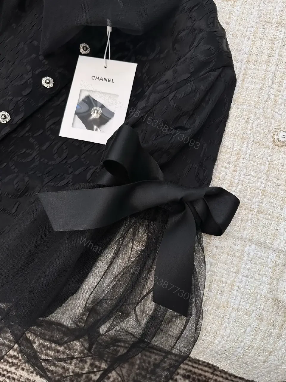 View 7 of Black Lace Blouse with Ribbon Details - Couture-Inspired Elegance
