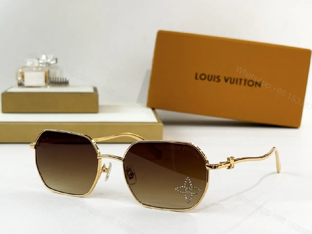View 4 of Gold-Frame Sunglasses with Gradient Lenses and Diamond Accents, Luxury Style