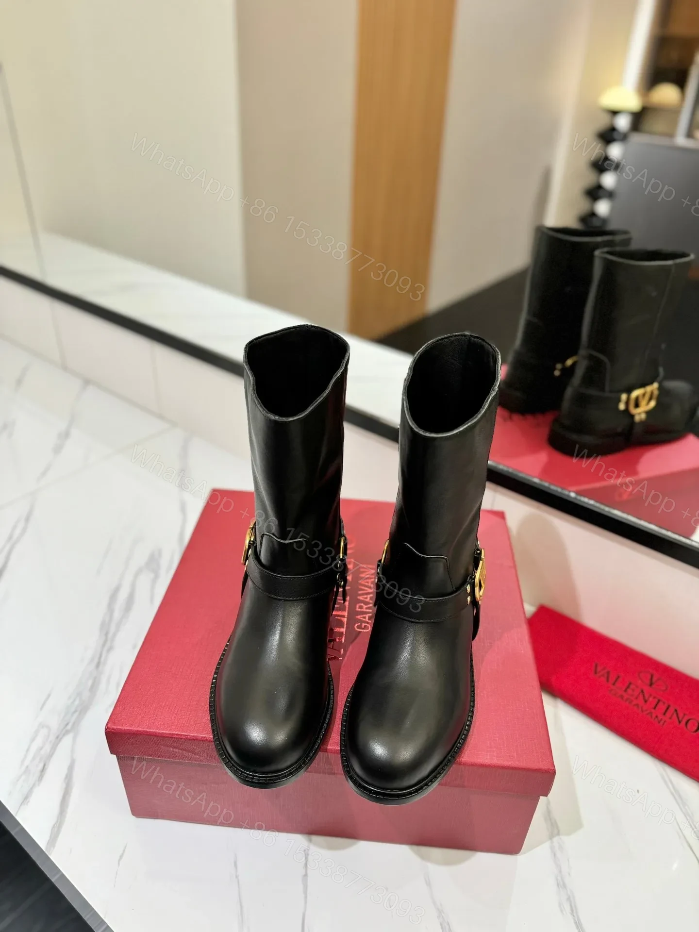 View 3 of Valentino Women Black Leather Mid-Calf Boots