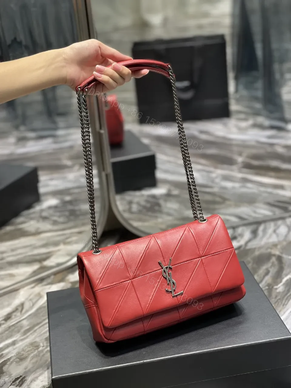 View 3 of Red Leather Quilted Shoulder Bag with Gold Hardware, Structured Chic, Everyday Luxury
