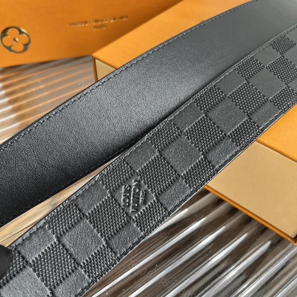 View 4 of Black + Leather + Modern + Checker Texture & Silver Buckle + Belt