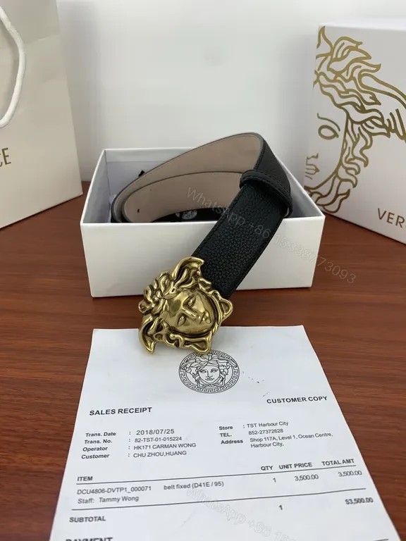 View 4 of Medusa Buckle Leather Belt - Luxury Gold Accent, Versace-inspired Style