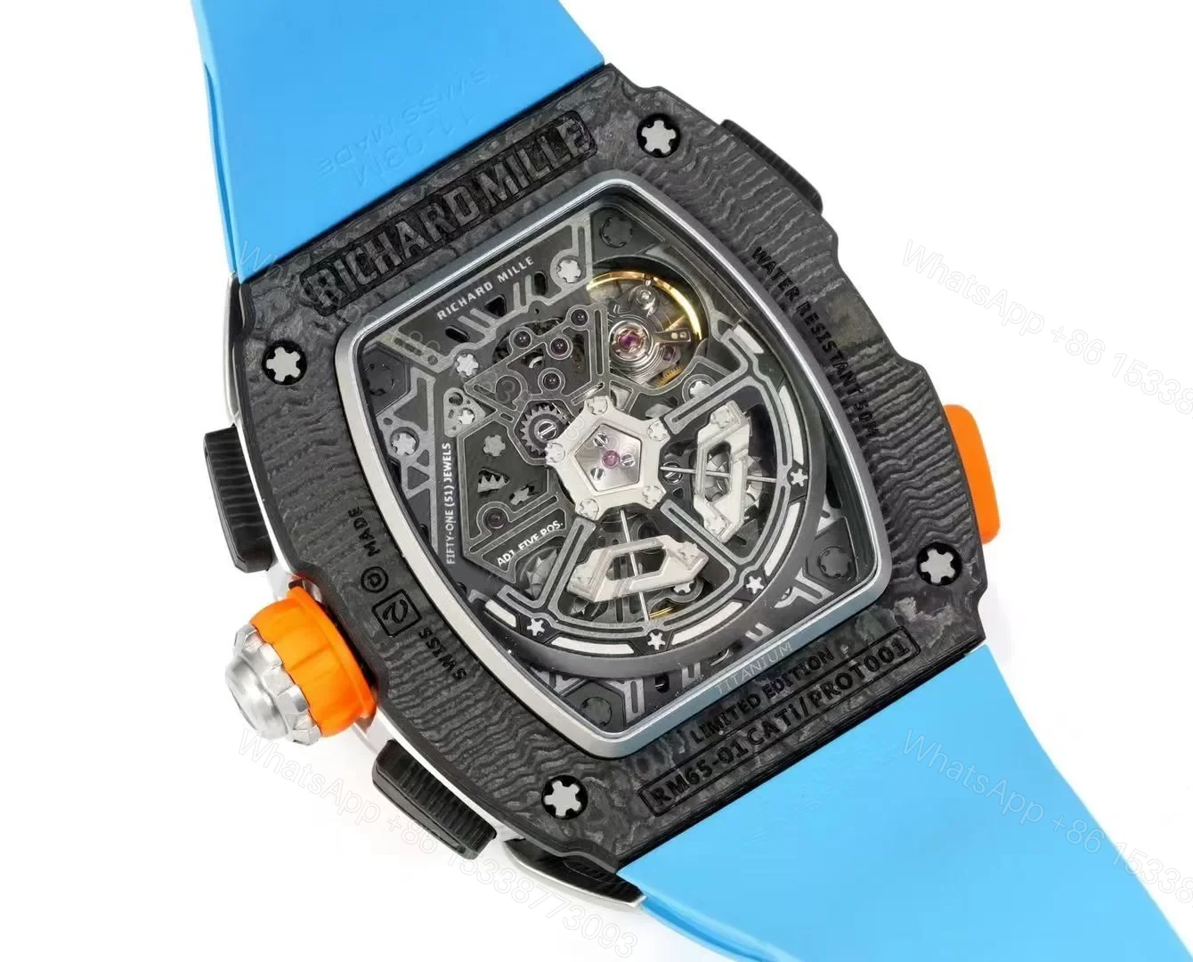 View 7 of Richard Mille RM65-01 McLaren W1 Automatic Chronograph Watch Blue Strap Carbon TPT Titanium Skeleton Dial RMAC4 Movement Premium Edition RM65-01-MCL-W1-BLU