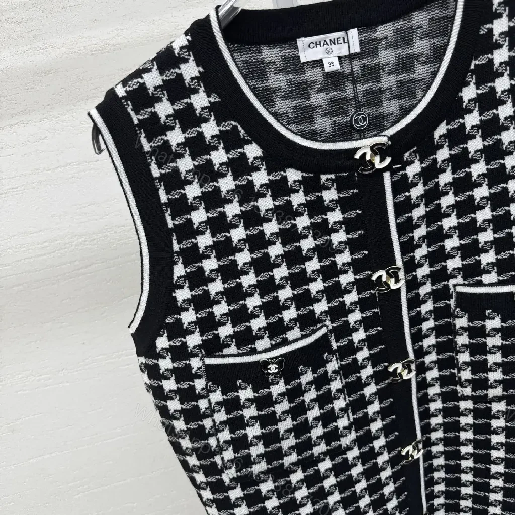 View 6 of Chic Textured Sleeveless Dress with Bold Houndstooth Pattern