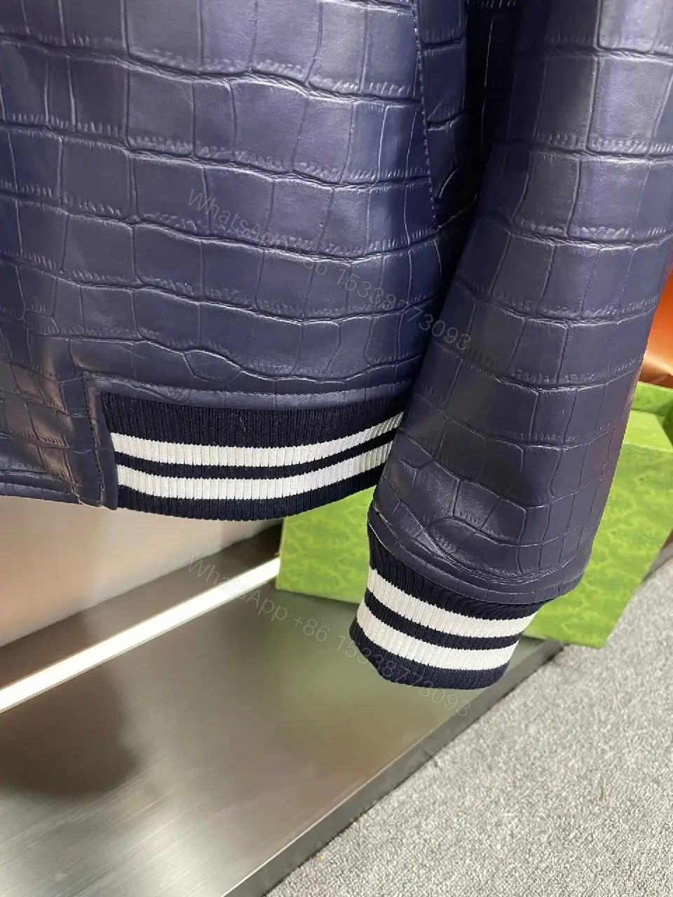 View 3 of Bold Navy Quilted Varsity Jacket with LV-Inspired Logo