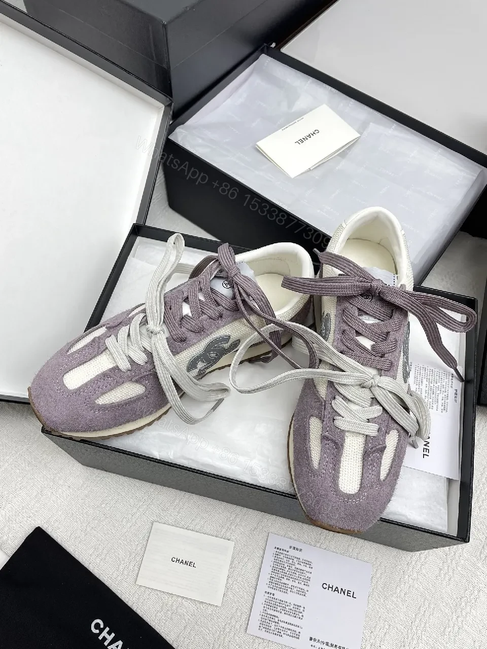 View 4 of Lavender Suede & Cream Knit High-Top Sneakers – Luxury Chic Style