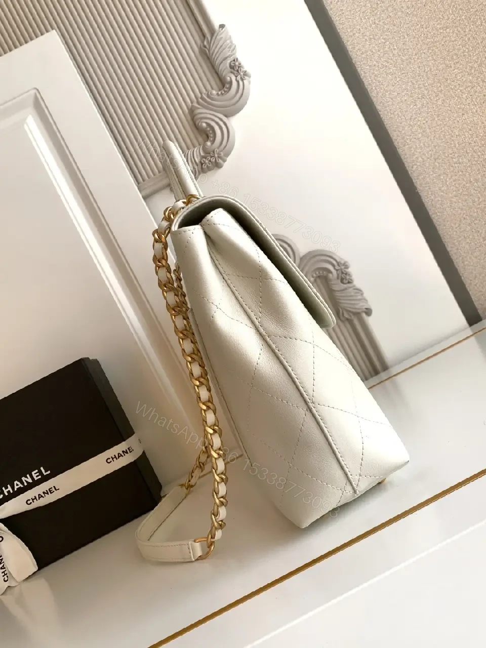View 8 of White Quilted Leather Bag with Gold Chain Accent, Convertible Shoulder/Crossbody
