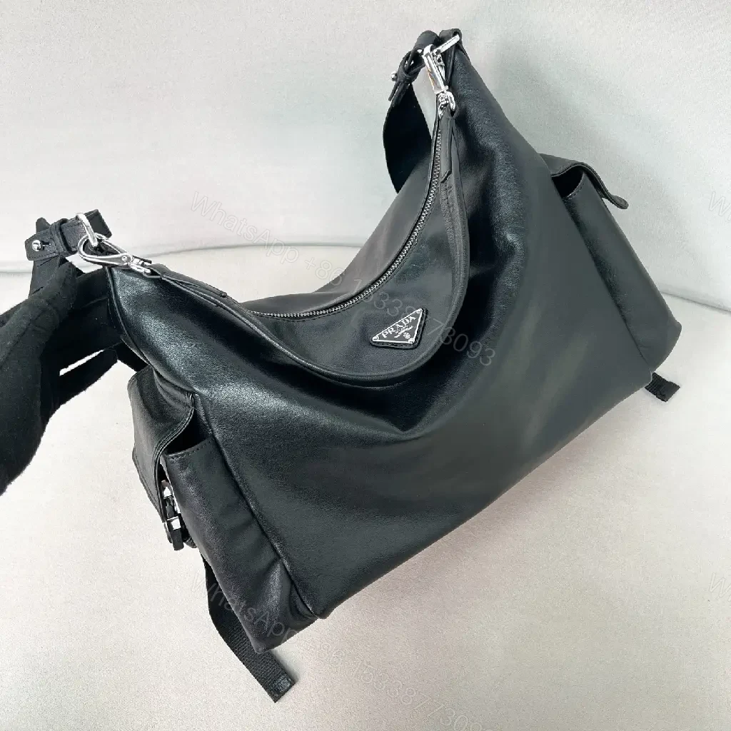 View 5 of Black Leather-Look Modern Hobo Shoulder Bag with Logo Closure