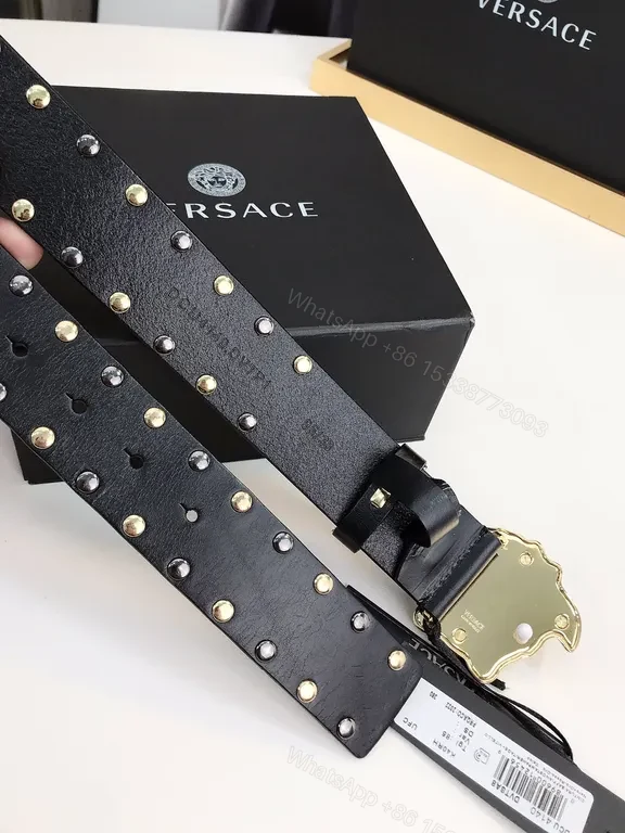 View 2 of Statement Belt: Black Leather, Medusa Buckle, Gold Studs, Luxury