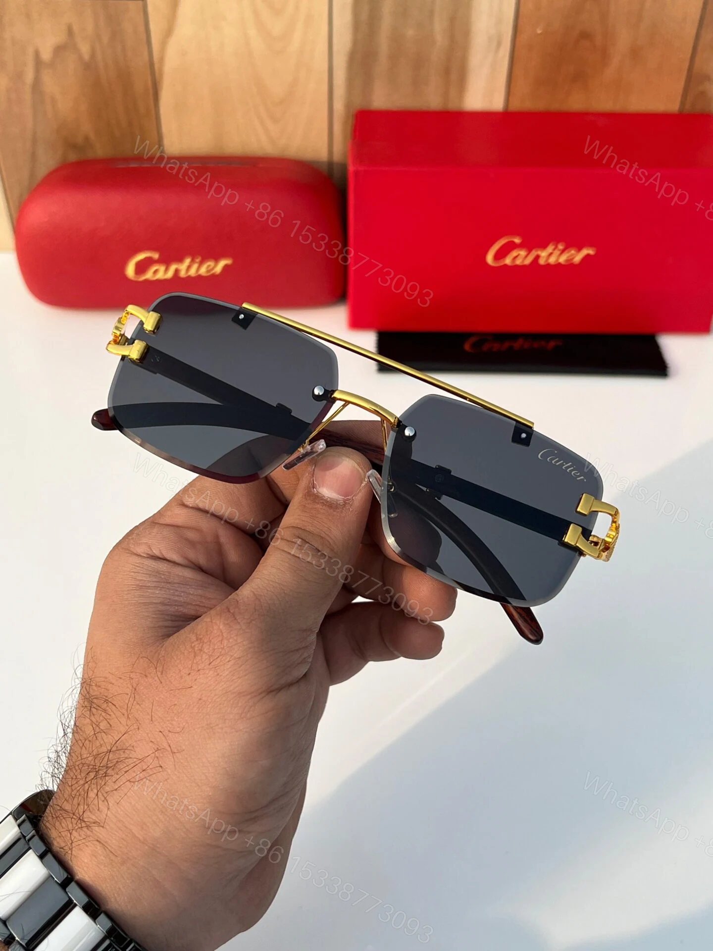 View 4 of Cartier Santos De Cartier Gold Black Sunglasses