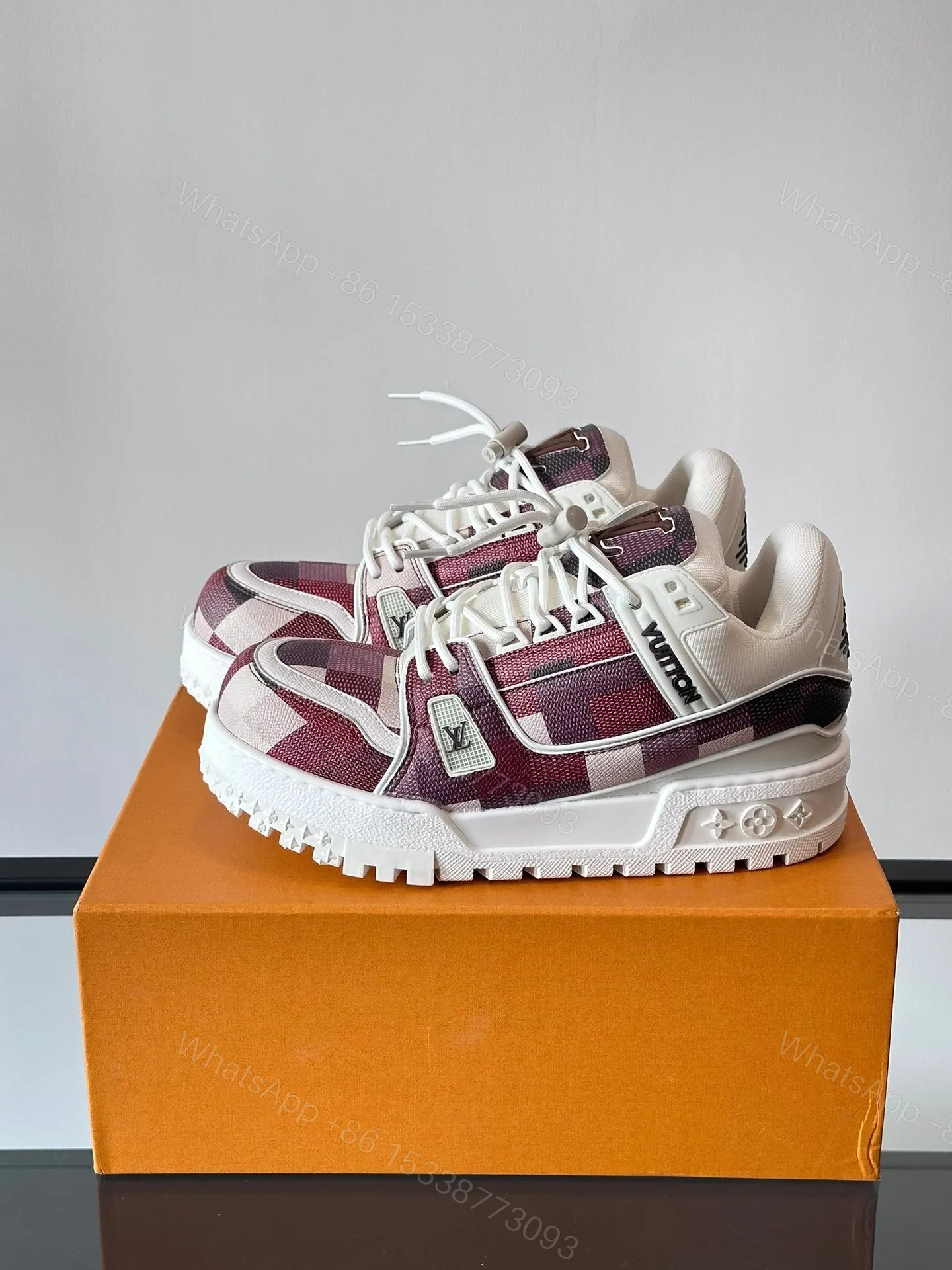 View 3 of LV Men Burgundy Canvas White Leather Sneakers