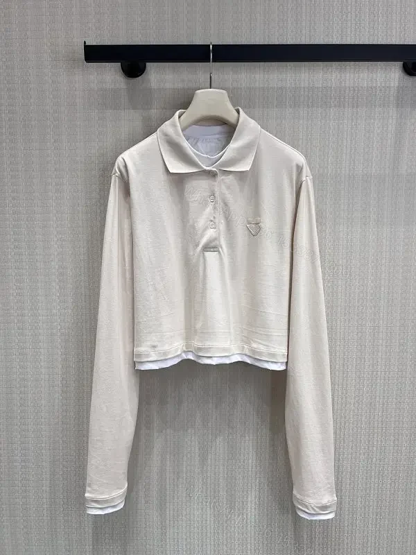 Off-White/Cream Knit Cropped Polo Shirt with Ribbed Trim and Logo — view 1