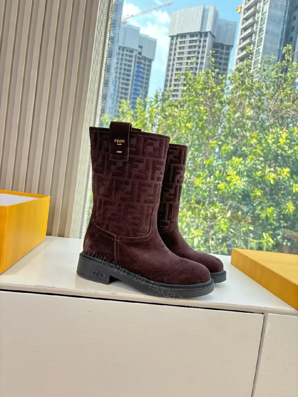View 3 of Dark Velvet-Texture Boots with Monogram Detail: Suede, Mid-Calf, All-Season Luxe Shoes