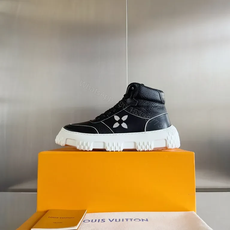 View 4 of Black Leather High-Top Sneakers with LV Detail