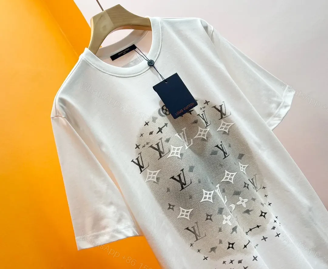 View 4 of White Cotton T-Shirt Circular LV Logo Graphic Diamonds Stars, Modern Style, Crew Neck, Short Sleeve, Black Neck Tag
