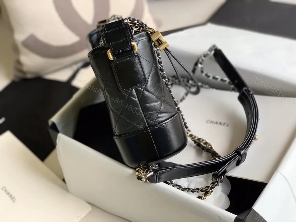 View 9 of Chanel-Style Quilted Crossbody: Black Leather, Gold Charm
