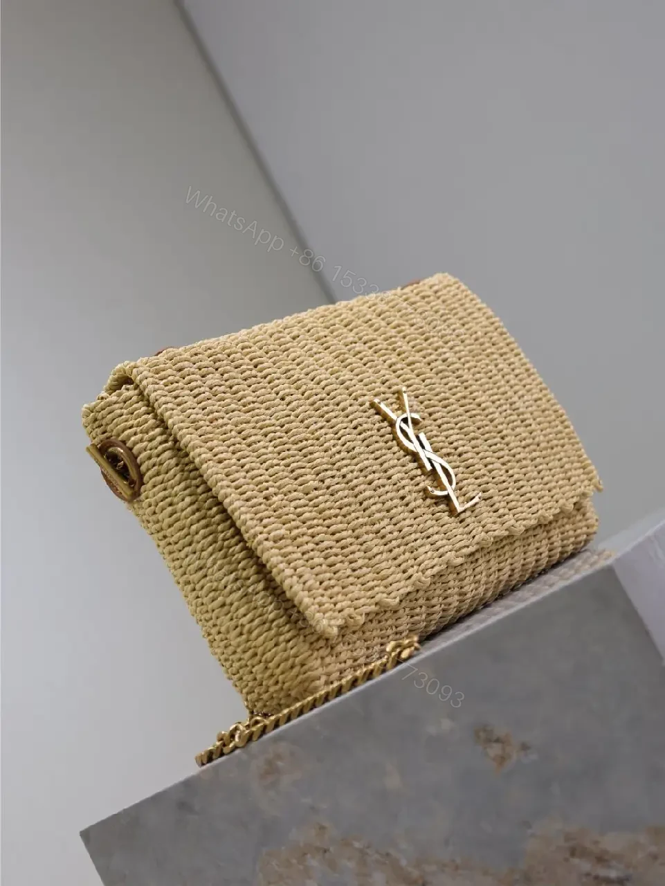 View 7 of Natural Straw Clutch with Signature Hardware, Fold-Over Accent + Compact