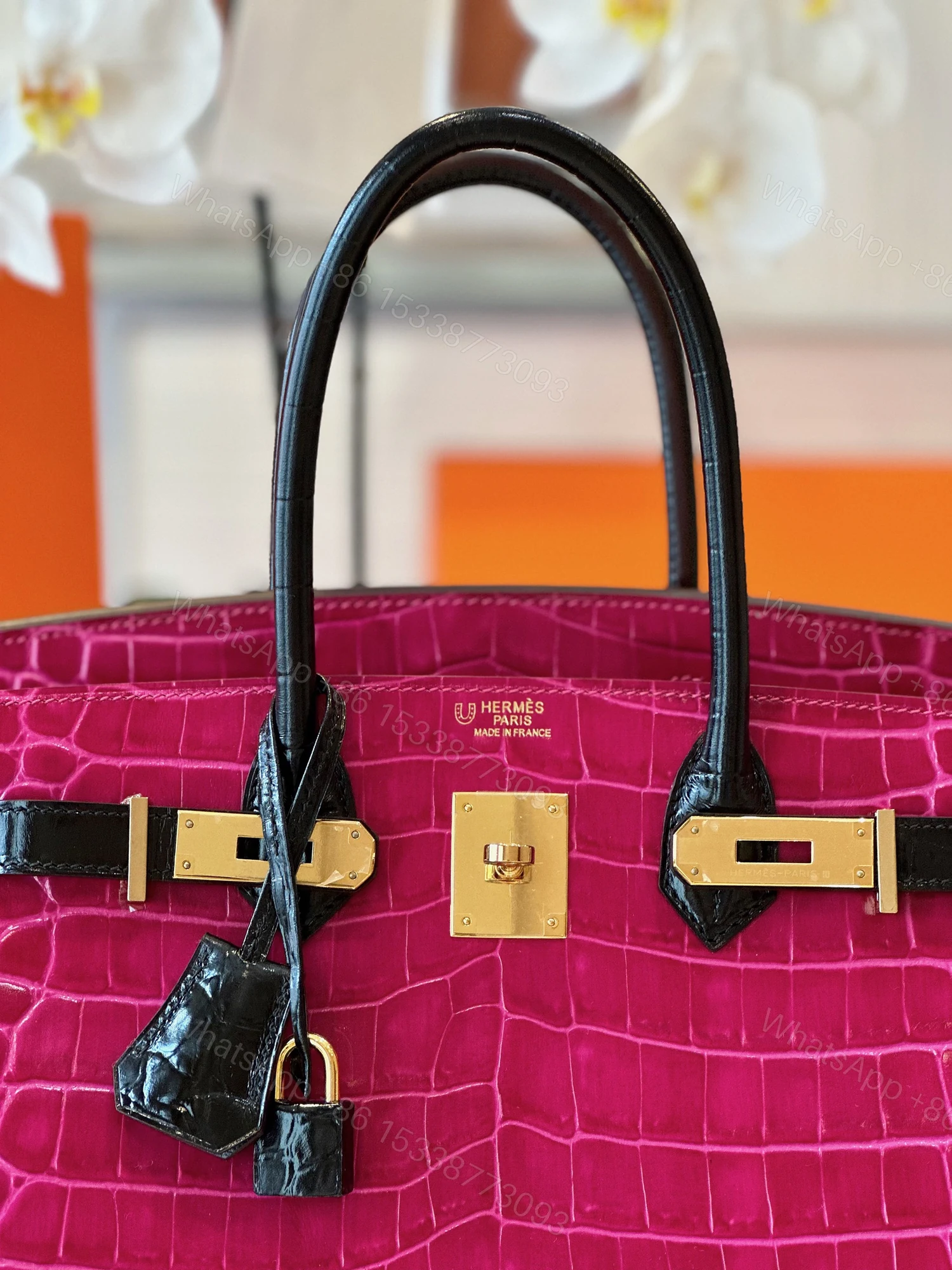 View 2 of Hermes Birkin Pink/Black Genuine Crocodile Leather Gold Hardware – Custom Made