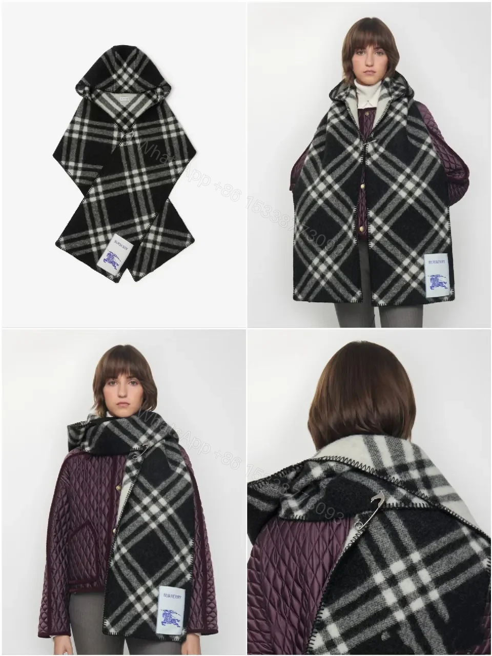 View 2 of Patterned Wool Hoodie Shawl: Luxe Plaid, Warmth & Zippered Edge