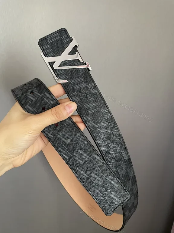 View 4 of Checkerboard LV-Style Belt: Charcoal Leather with Signature Buckle