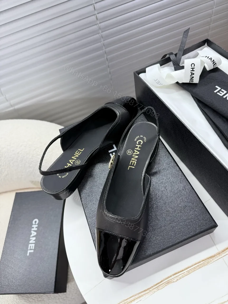 View 2 of Glossy Cap-Toe Black Slingback Mules, Luxury Style, All-Day Comfort
