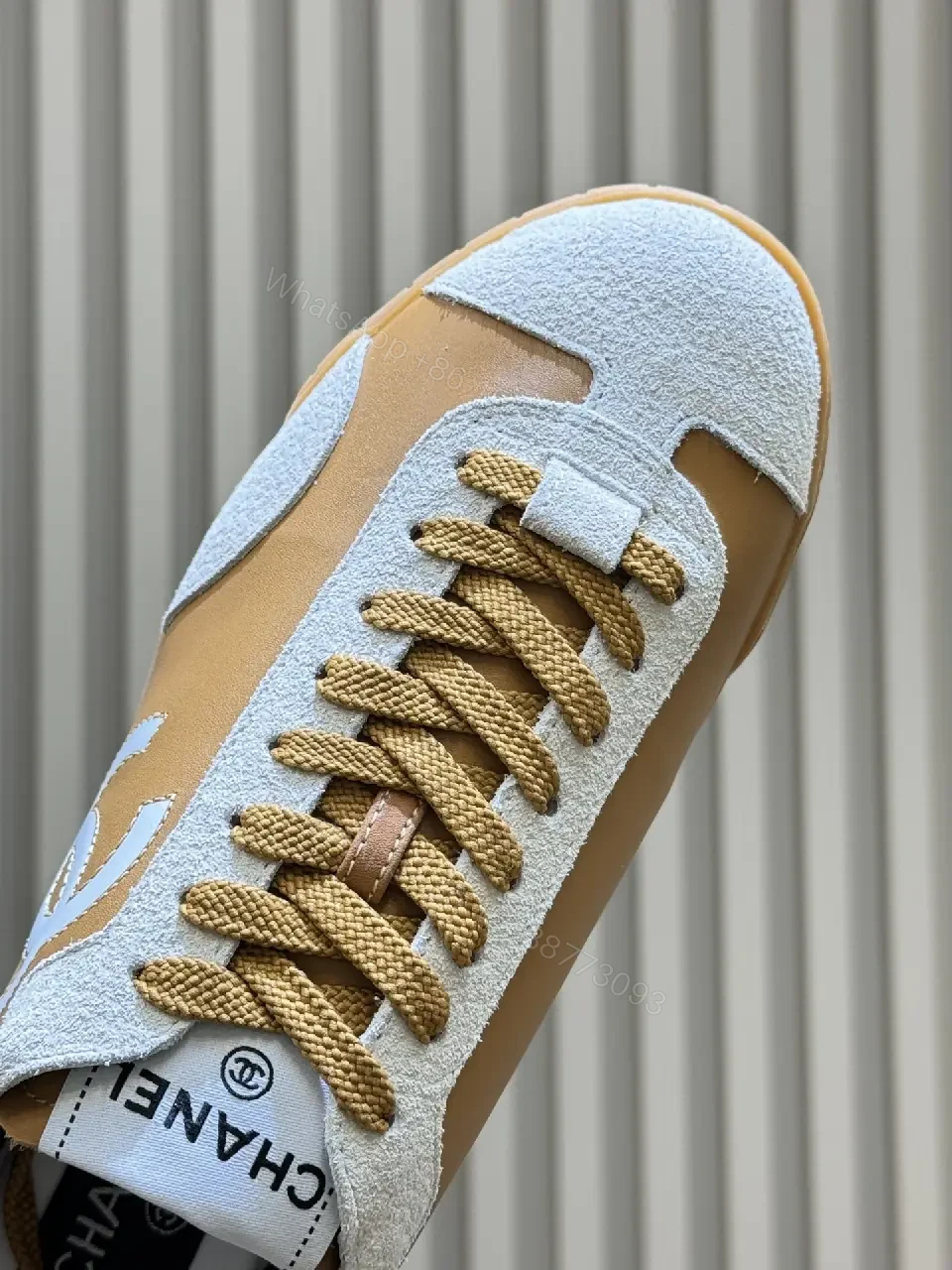 View 4 of Tan Leather & Ivory High-Top Sneakers with Signature Textures