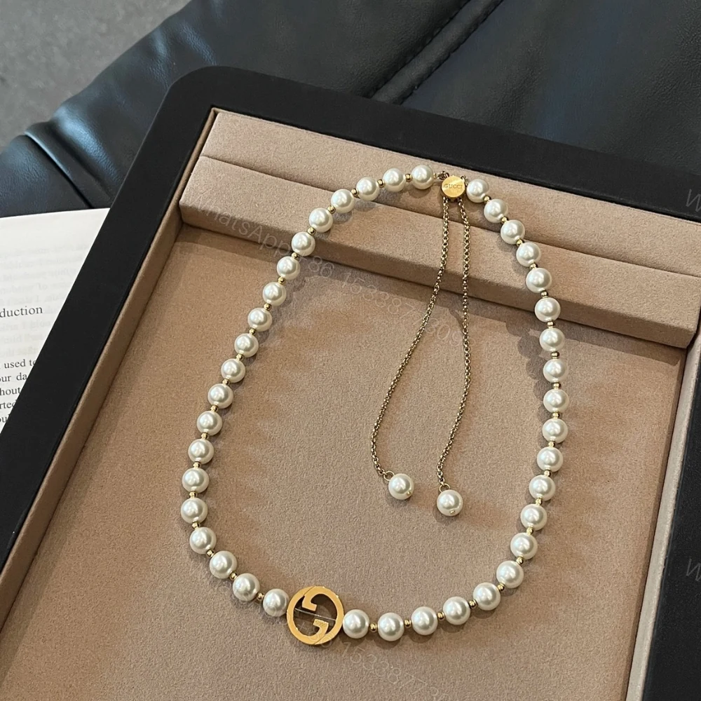 View 2 of Gucci Interlocking Pearl Necklace Gold
