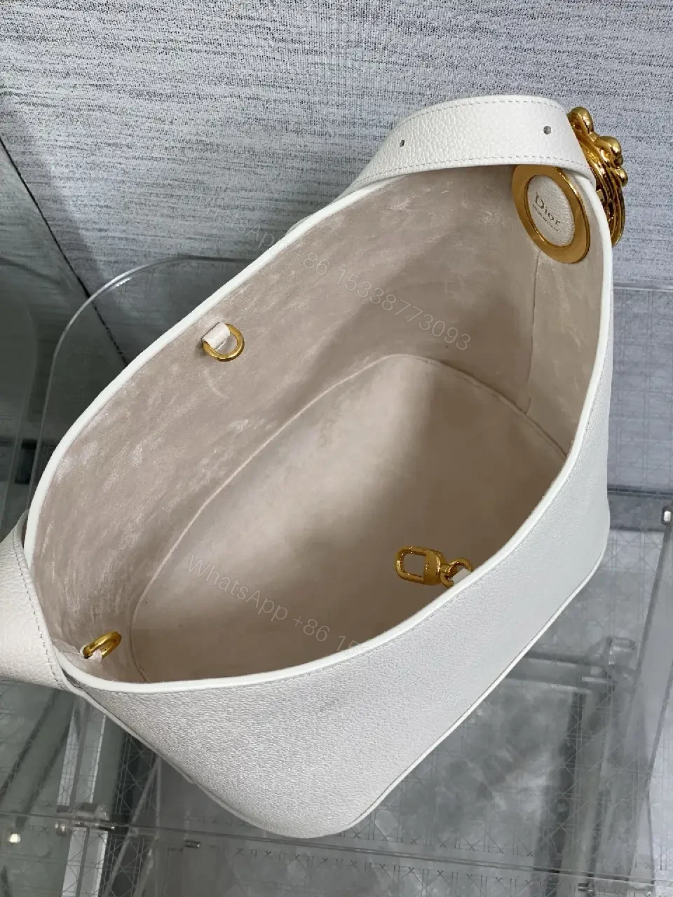 View 9 of White Pebbled Leather Crescent Bag with Navy Dior Wallet Set