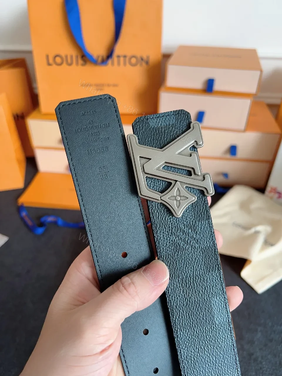 View 5 of Damier-Check Textured Belt with Bold LV Buckle